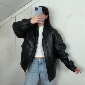 Vintage Tibor Black Genuine Leather Bomber Jacket Men’s Small Removable Liner
